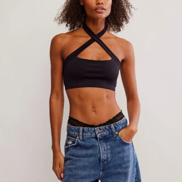 Free People Margot Seamless Halter Bralette / Black NWT - (M/L) - Picture 2 of 7